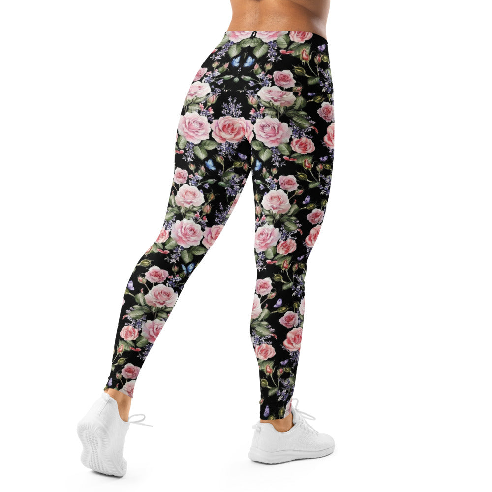 Personalisierte Sportleggings Damen Blumenmuster Schwarz Rosa Rosen Yoga Fitness Leggings L376
