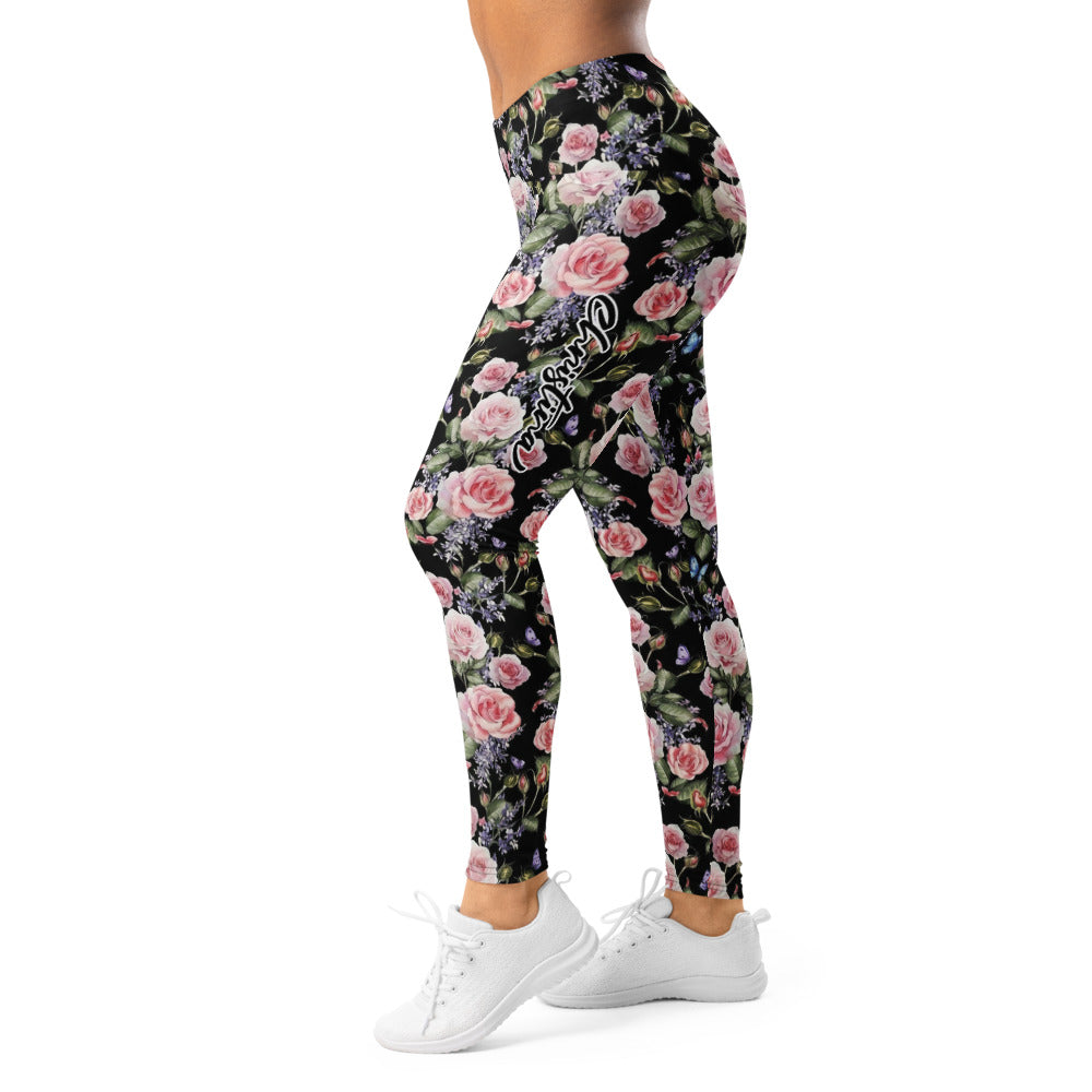 Personalisierte Sportleggings Damen Blumenmuster Schwarz Rosa Rosen Yoga Fitness Leggings L376