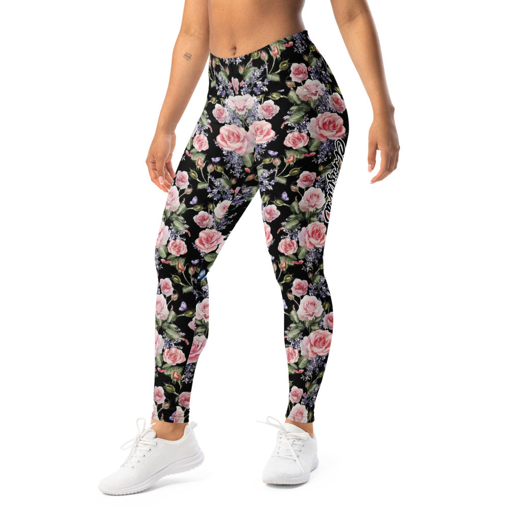 Personalisierte Sportleggings Damen Blumenmuster Schwarz Rosa Rosen Yoga Fitness Leggings L376