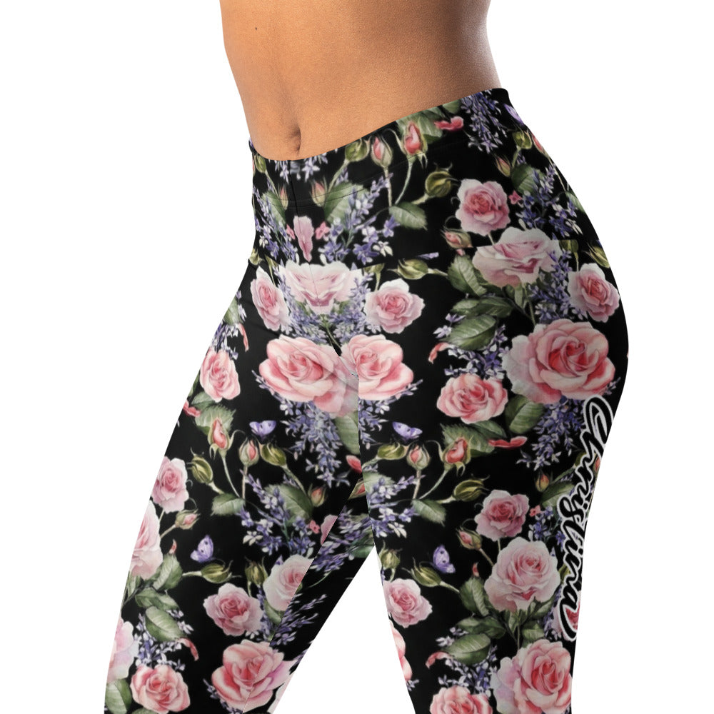 Personalisierte Sportleggings Damen Blumenmuster Schwarz Rosa Rosen Yoga Fitness Leggings L376