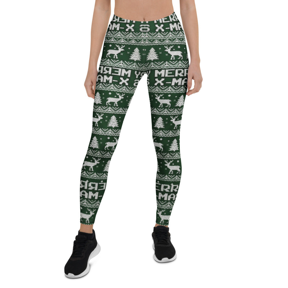 Personalisierte Damen Sportleggings Weihnachten Dunkelgrün Merry X-Mas Rentier Muster Strick-Optik Fitness Yoga Leggings B821