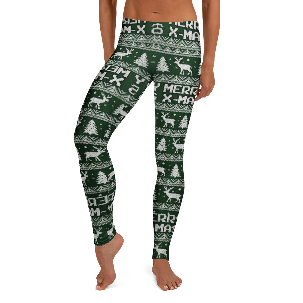 Personalisierte Damen Sportleggings Weihnachten Dunkelgrün Merry X-Mas Rentier Muster Strick-Optik Fitness Yoga Leggings B821