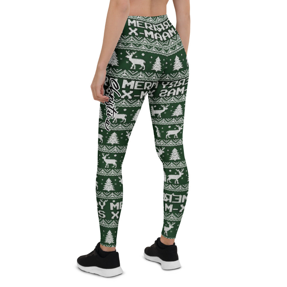 Personalisierte Damen Sportleggings Weihnachten Dunkelgrün Merry X-Mas Rentier Muster Strick-Optik Fitness Yoga Leggings B821