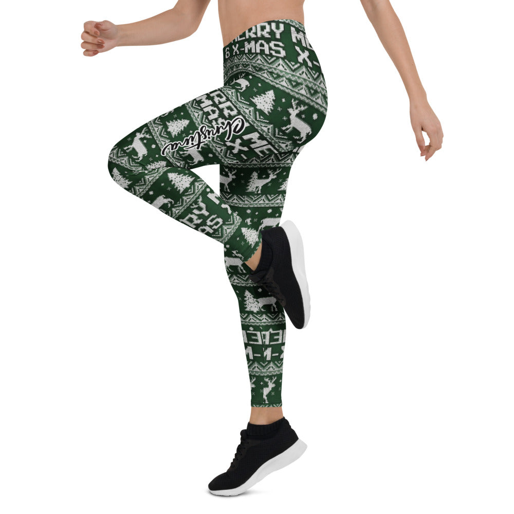 Personalisierte Damen Sportleggings Weihnachten Dunkelgrün Merry X-Mas Rentier Muster Strick-Optik Fitness Yoga Leggings B821