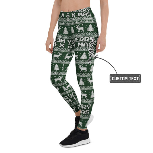 Personalisierte Damen Sportleggings Weihnachten Dunkelgrün Merry X-Mas Rentier Muster Strick-Optik Fitness Yoga Leggings B821 - XL