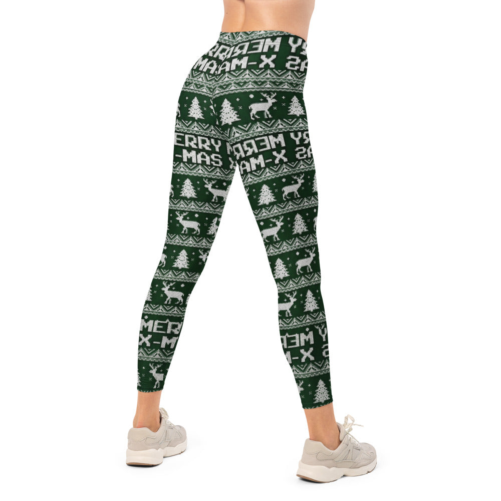 Personalisierte Damen Sportleggings Weihnachten Dunkelgrün Merry X-Mas Rentier Muster Strick-Optik Fitness Yoga Leggings B821