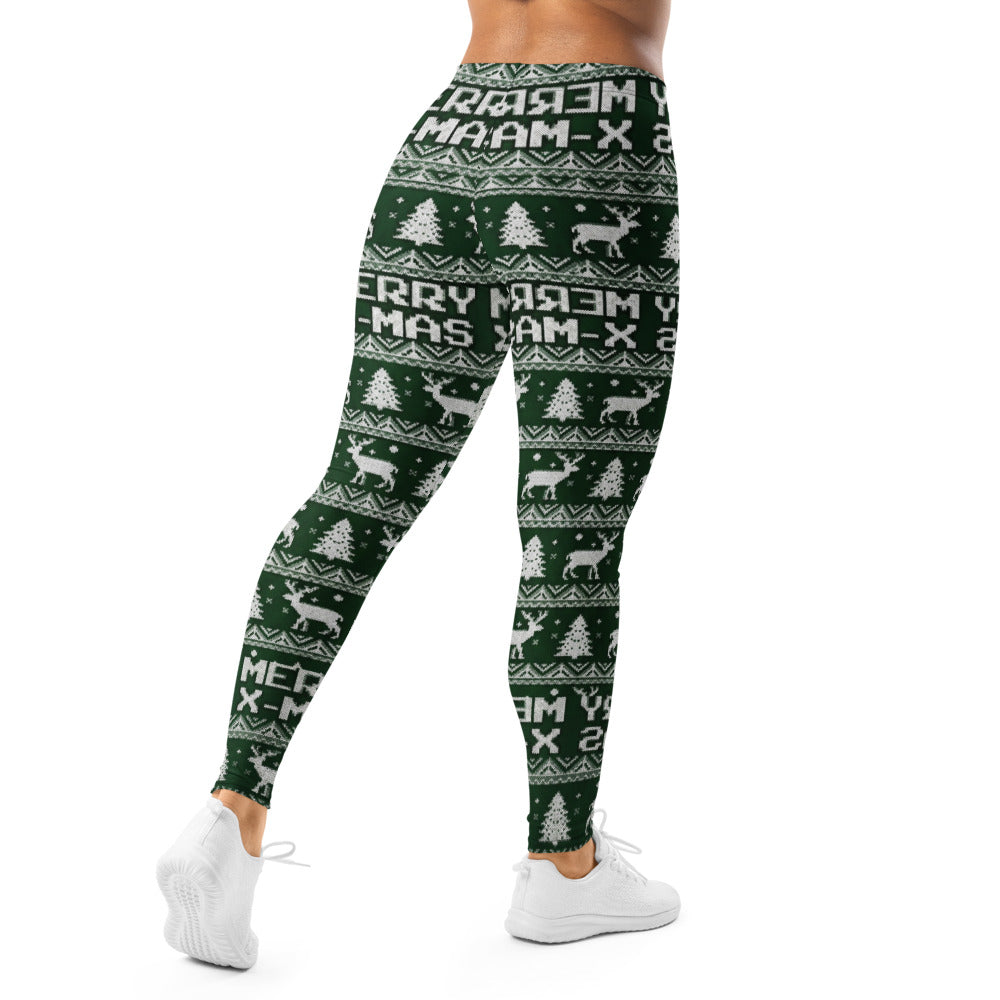 Personalisierte Damen Sportleggings Weihnachten Dunkelgrün Merry X-Mas Rentier Muster Strick-Optik Fitness Yoga Leggings B821
