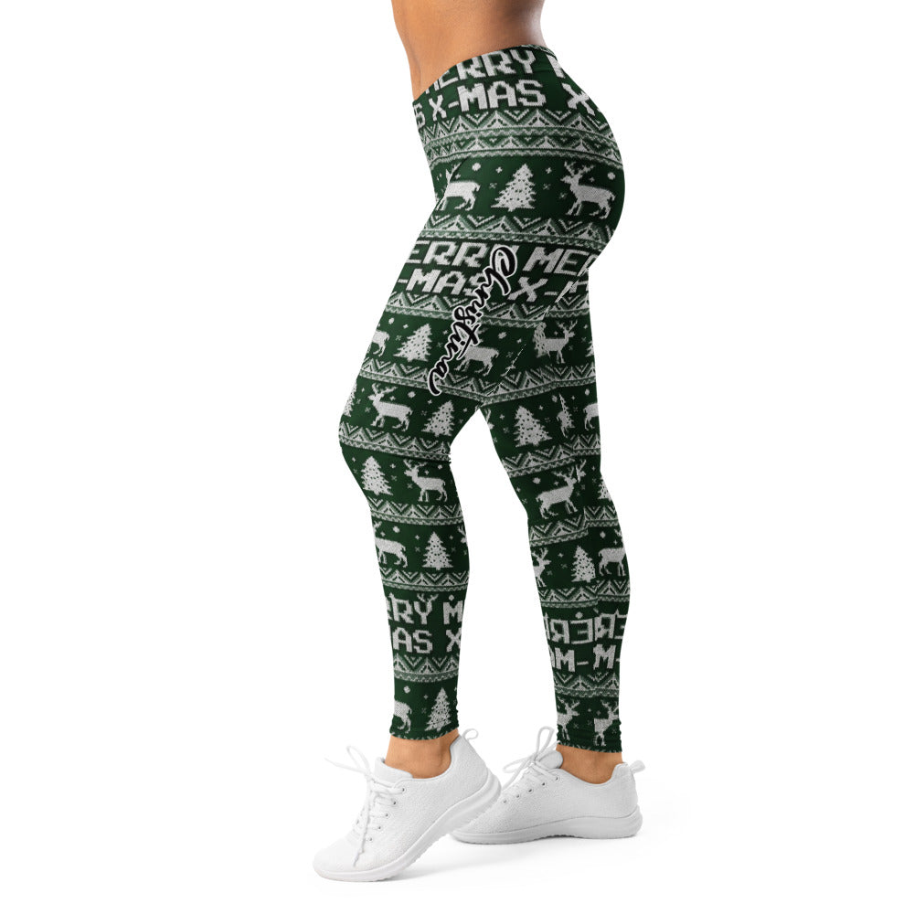 Personalisierte Damen Sportleggings Weihnachten Dunkelgrün Merry X-Mas Rentier Muster Strick-Optik Fitness Yoga Leggings B821