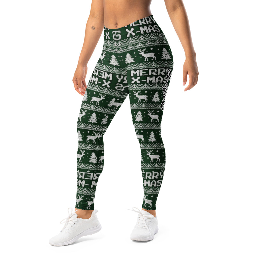 Personalisierte Damen Sportleggings Weihnachten Dunkelgrün Merry X-Mas Rentier Muster Strick-Optik Fitness Yoga Leggings B821