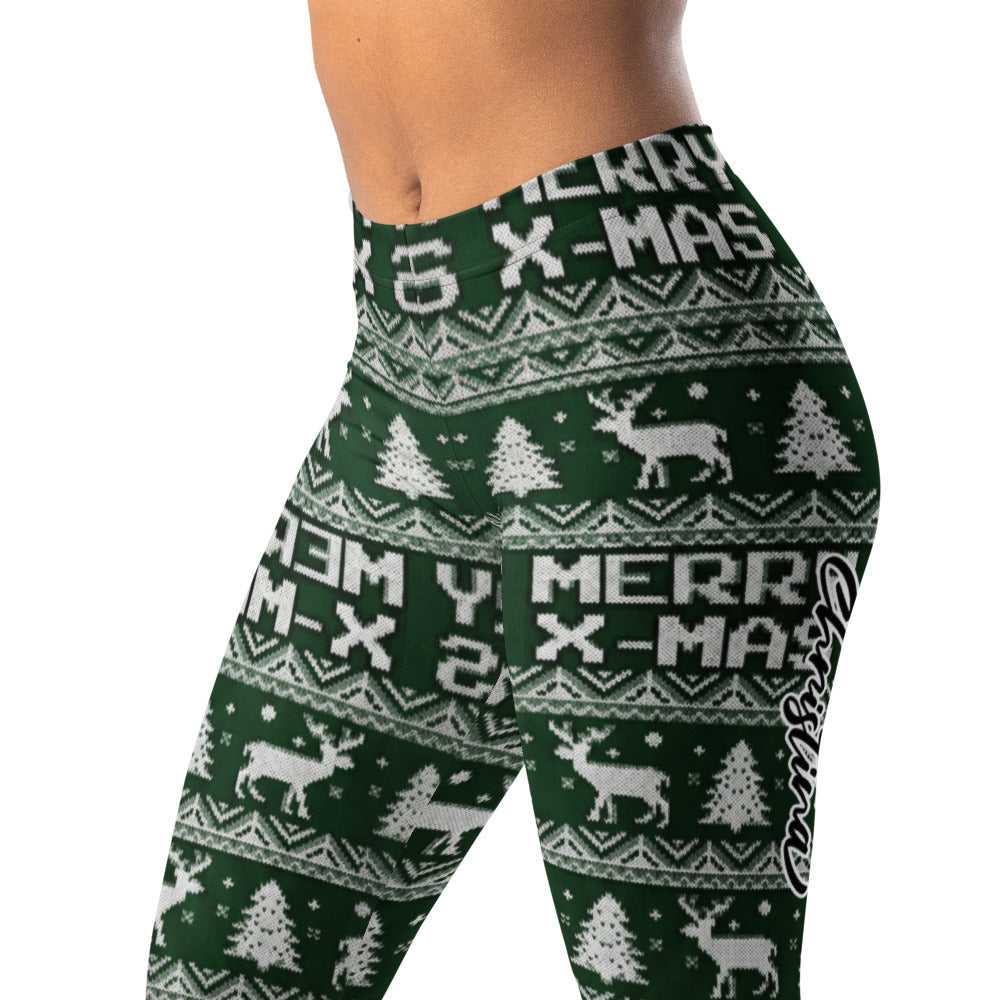 Personalisierte Damen Sportleggings Weihnachten Dunkelgrün Merry X-Mas Rentier Muster Strick-Optik Fitness Yoga Leggings B821