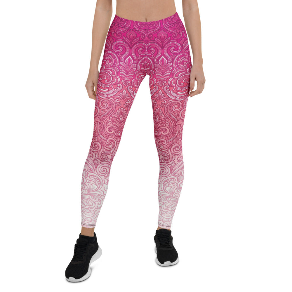 Personalisierte Damen Sportleggings Barock Ornament Muster Pink Weiß Fitness Leggings Yoga Hose S201