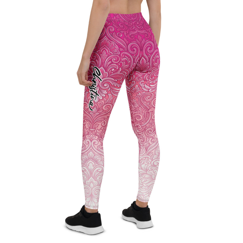 Personalisierte Damen Sportleggings Barock Ornament Muster Pink Weiß Fitness Leggings Yoga Hose S201
