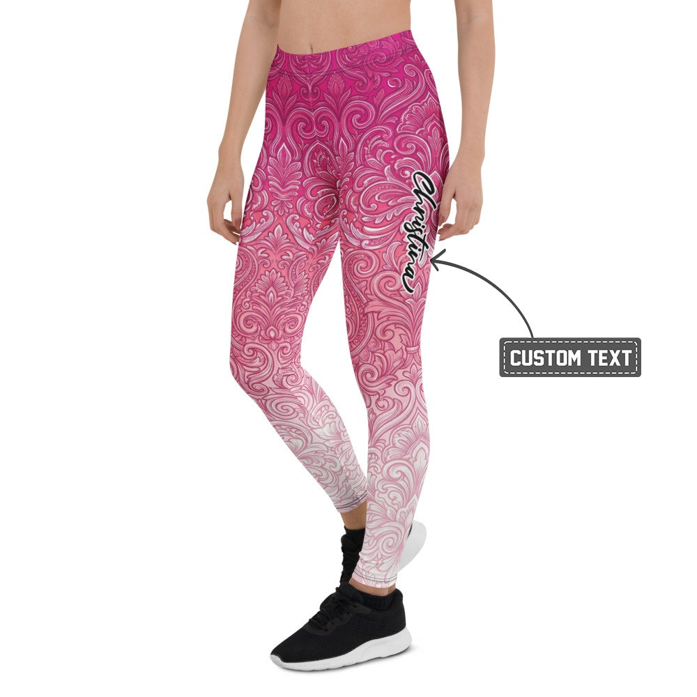 Personalisierte Damen Sportleggings Barock Ornament Muster Pink Weiß Fitness Leggings Yoga Hose S201 - XL