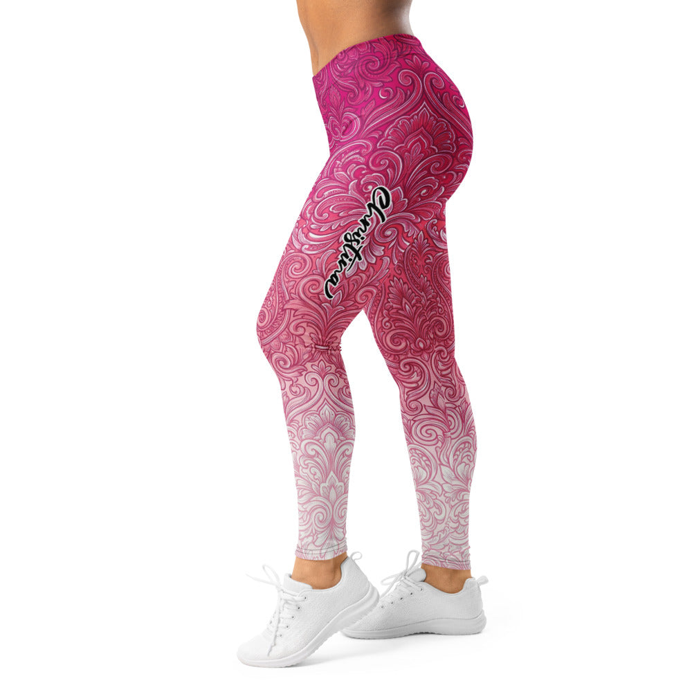 Personalisierte Damen Sportleggings Barock Ornament Muster Pink Weiß Fitness Leggings Yoga Hose S201