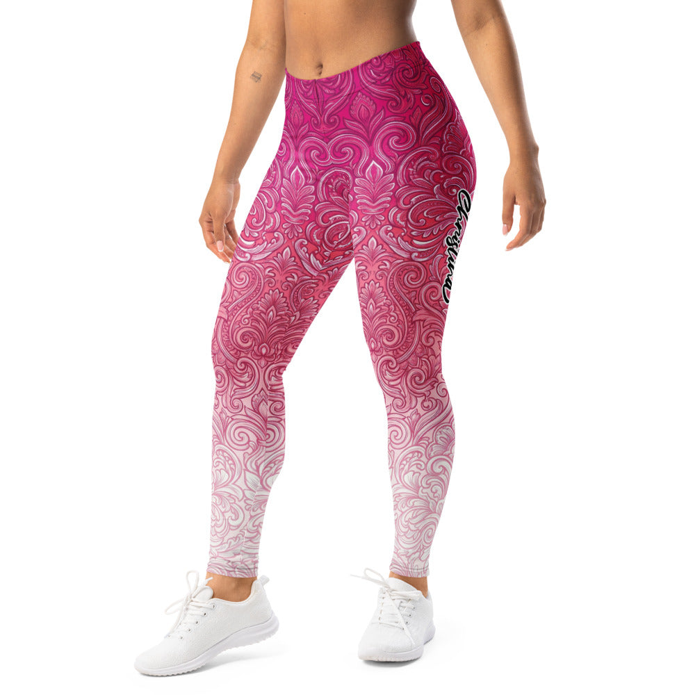 Personalisierte Damen Sportleggings Barock Ornament Muster Pink Weiß Fitness Leggings Yoga Hose S201