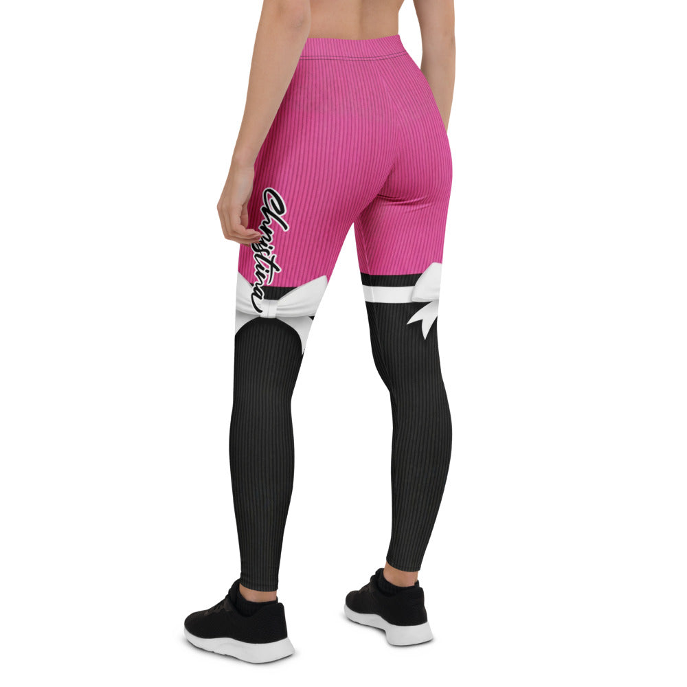 Personalisierte Damen Sportleggings Pink Schwarz mit Schleifen-Design Fitness Yoga Leggings O376
