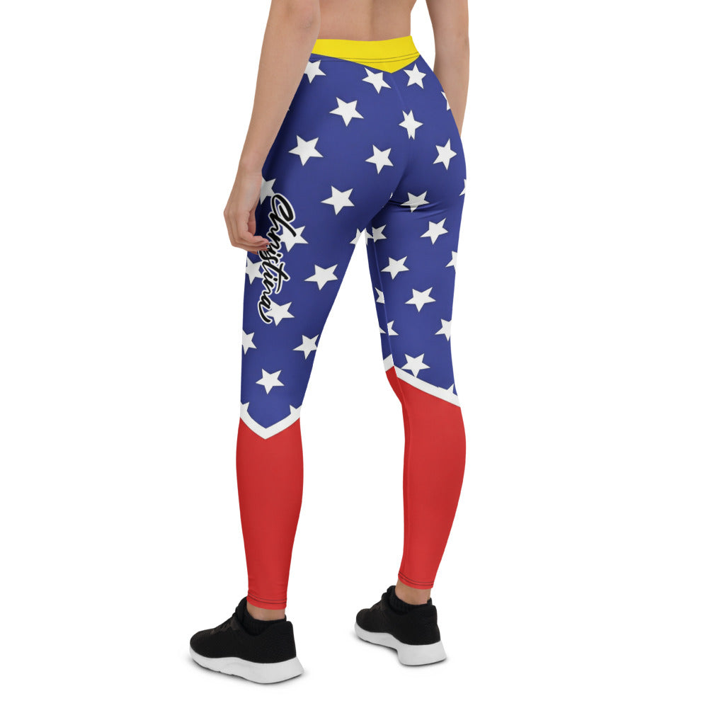 Personalisierte Damen Sportleggings Sternenmuster Blau Rot Weiß Fitness Yoga Leggings X585
