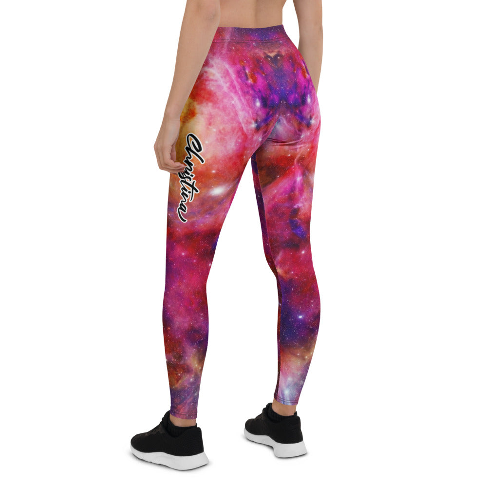 Personalisierte Damen Sportleggings Galaxie Weltraum Muster Fitness Yoga Leggings Bunt Rot Pink W113