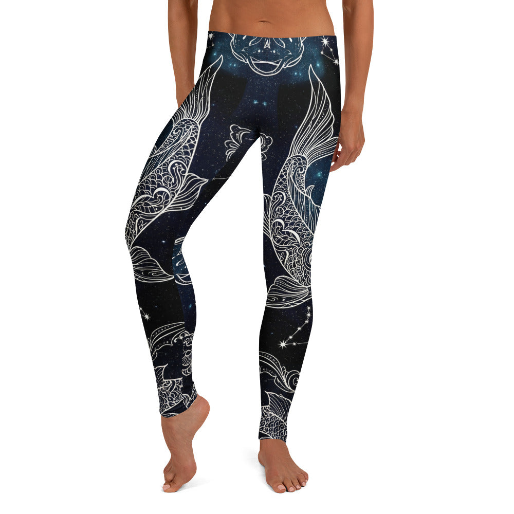 Personalisierte Damen Sportleggings Koi Fisch Design Schwarz Weiß Galaxy Print Yoga Fitnesshose O431