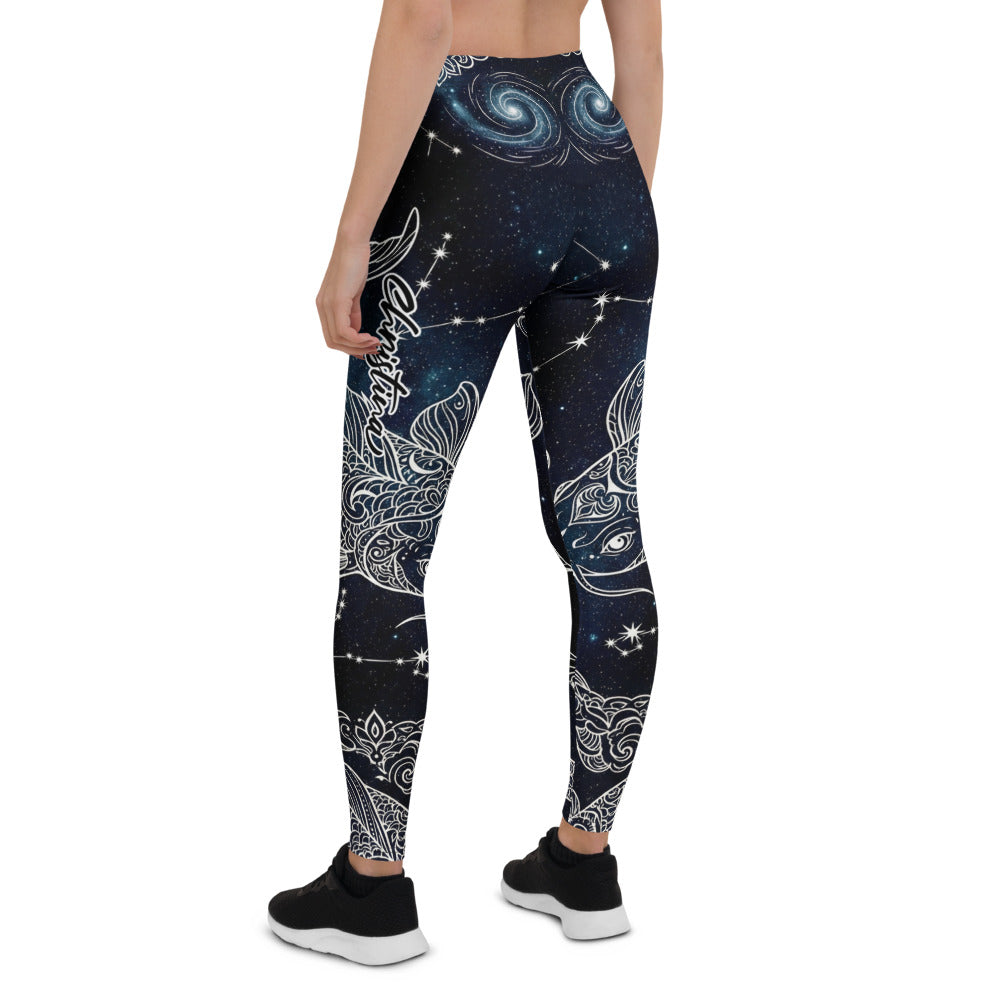 Personalisierte Damen Sportleggings Koi Fisch Design Schwarz Weiß Galaxy Print Yoga Fitnesshose O431