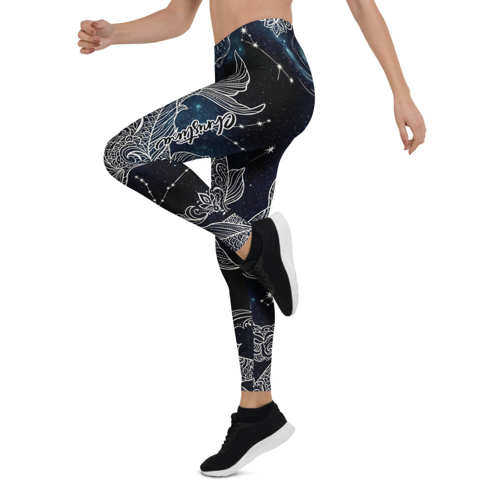 Personalisierte Damen Sportleggings Koi Fisch Design Schwarz Weiß Galaxy Print Yoga Fitnesshose O431