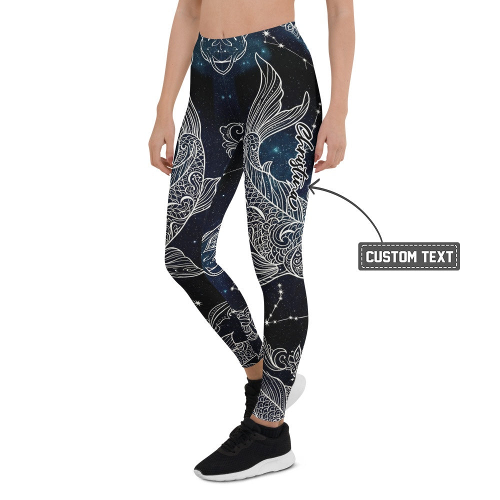 Personalisierte Damen Sportleggings Koi Fisch Design Schwarz Weiß Galaxy Print Yoga Fitnesshose O431 - XL