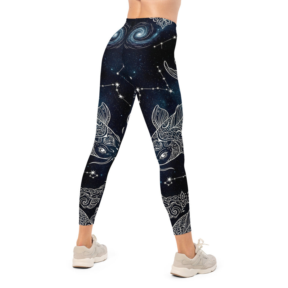 Personalisierte Damen Sportleggings Koi Fisch Design Schwarz Weiß Galaxy Print Yoga Fitnesshose O431