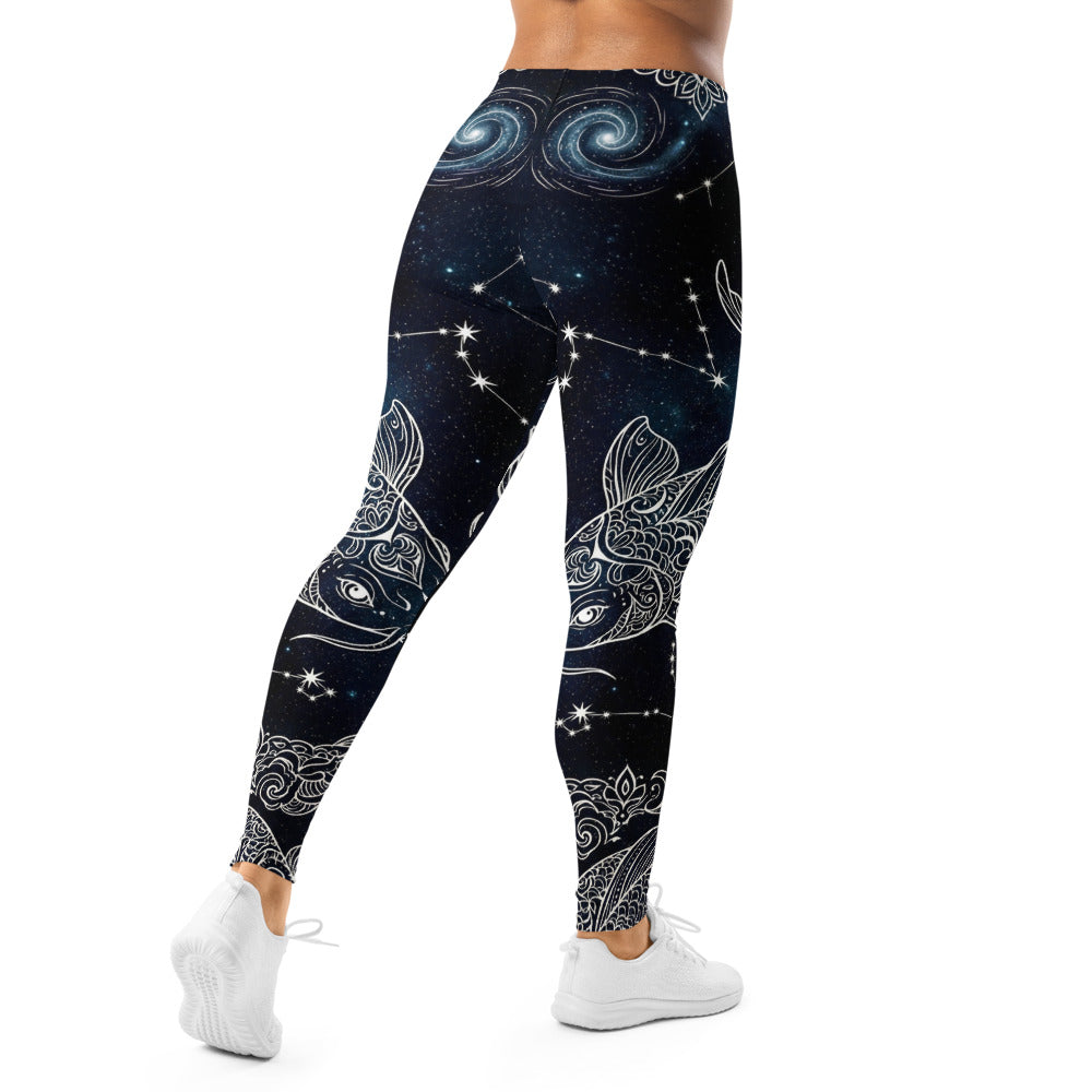 Personalisierte Damen Sportleggings Koi Fisch Design Schwarz Weiß Galaxy Print Yoga Fitnesshose O431