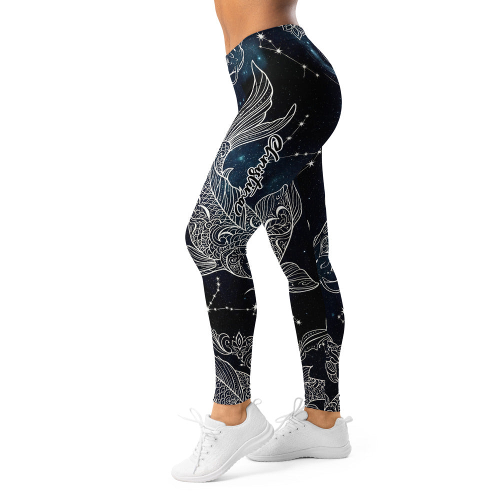 Personalisierte Damen Sportleggings Koi Fisch Design Schwarz Weiß Galaxy Print Yoga Fitnesshose O431