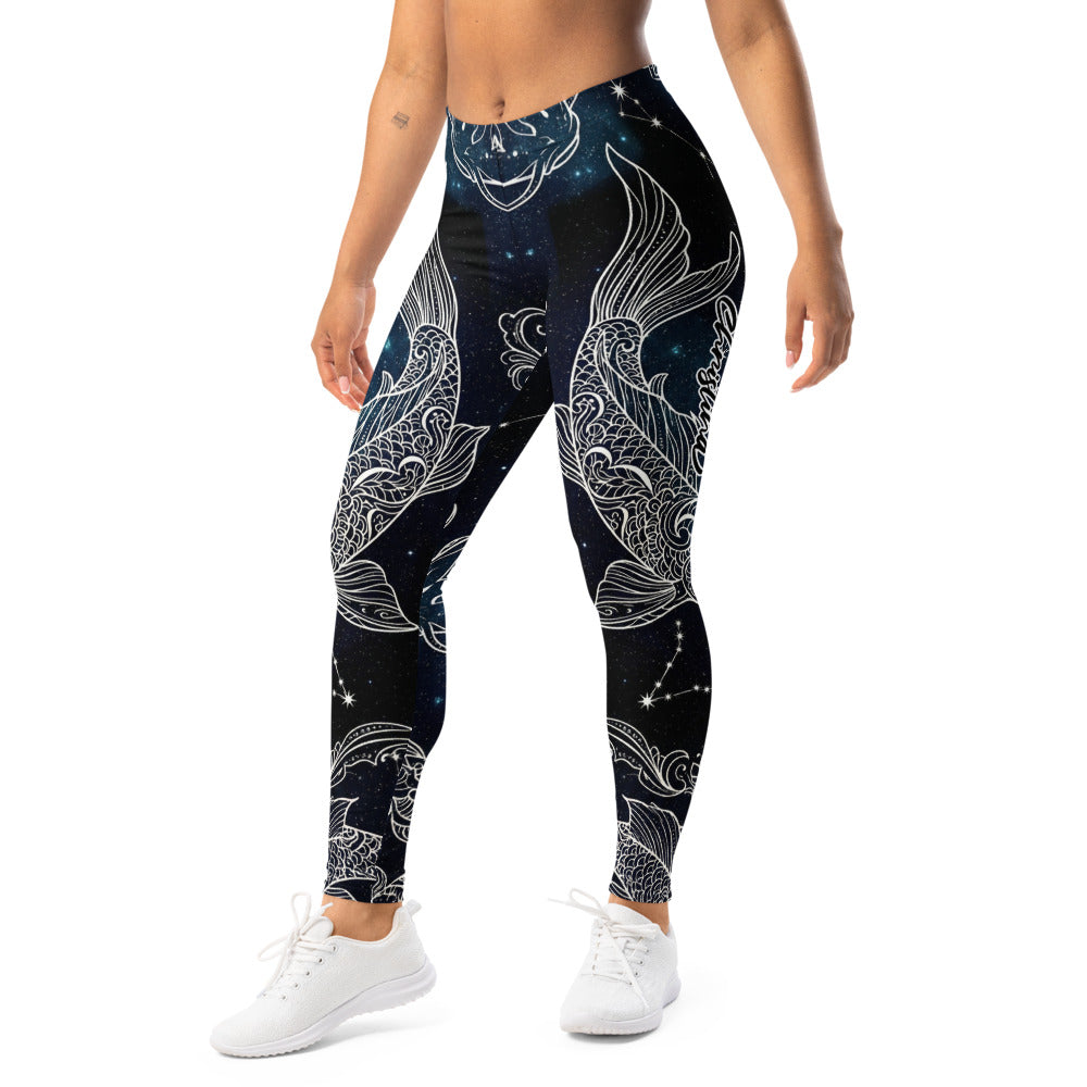 Personalisierte Damen Sportleggings Koi Fisch Design Schwarz Weiß Galaxy Print Yoga Fitnesshose O431