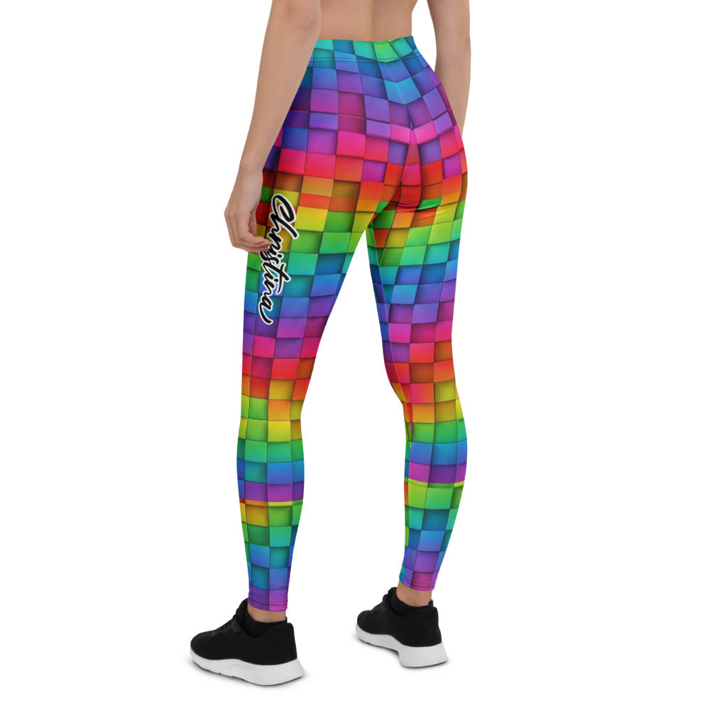 Personalisierte Sportleggings Damen Regenbogen Bunt Geometrisches Würfel Design Fitness Leggings Yoga Hose H808