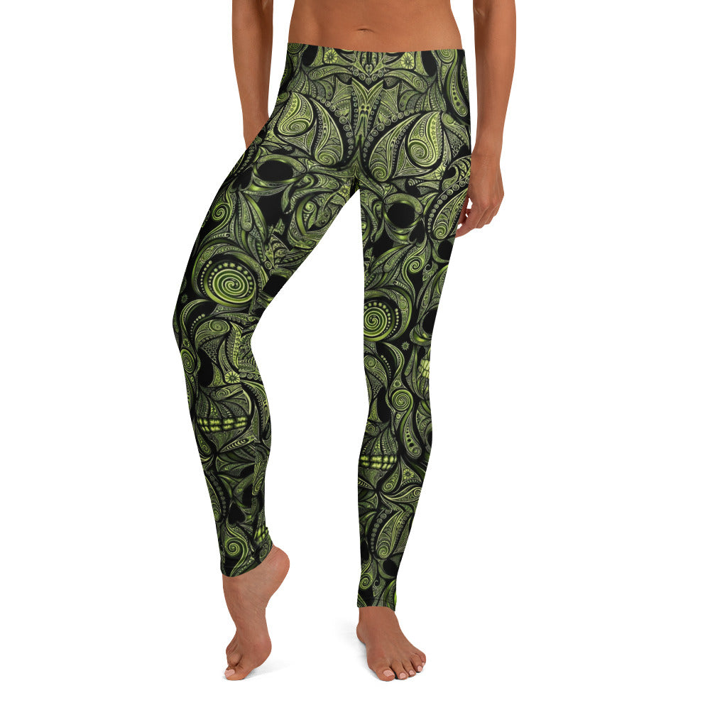 Personalisierte Damen Sportleggings Totenkopf Design Schwarz Grün Fitness Yoga Leggings D643