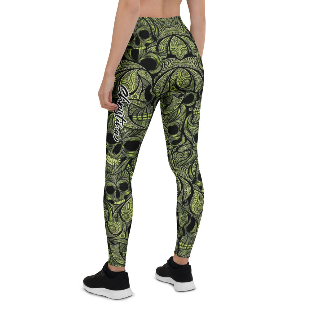 Personalisierte Damen Sportleggings Totenkopf Design Schwarz Grün Fitness Yoga Leggings D643