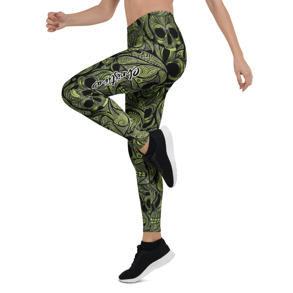 Personalisierte Damen Sportleggings Totenkopf Design Schwarz Grün Fitness Yoga Leggings D643