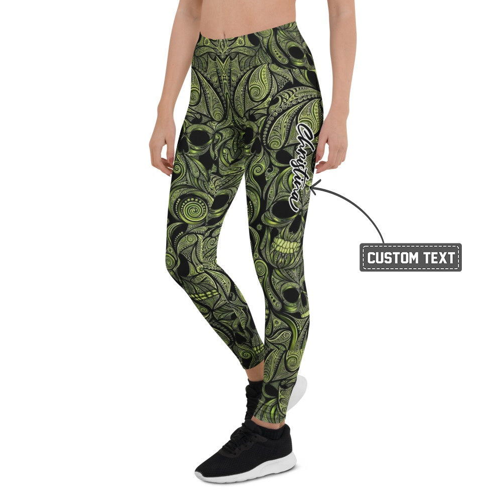 Personalisierte Damen Sportleggings Totenkopf Design Schwarz Grün Fitness Yoga Leggings D643 - XL