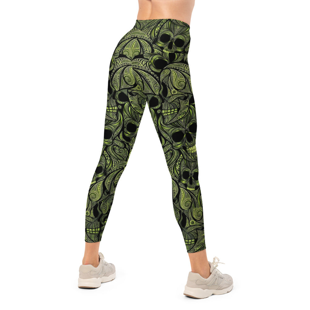 Personalisierte Damen Sportleggings Totenkopf Design Schwarz Grün Fitness Yoga Leggings D643