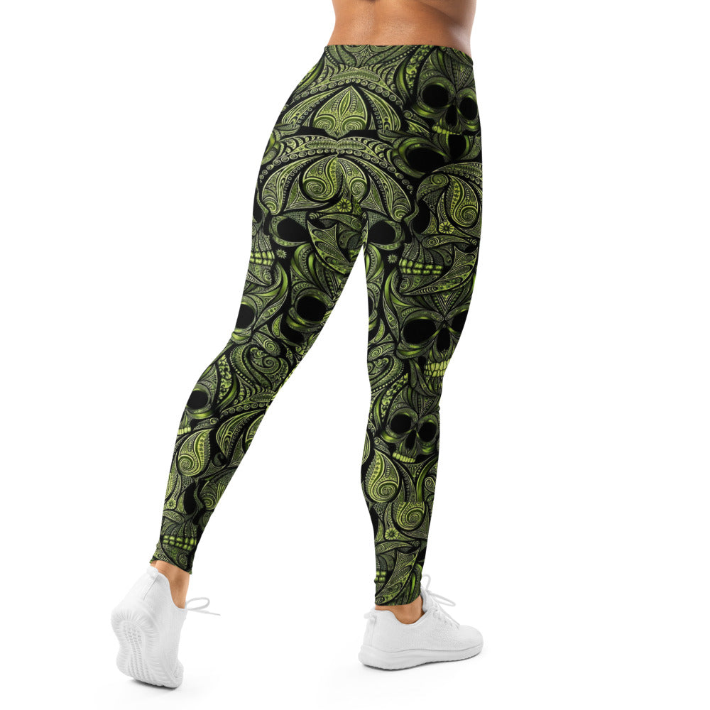Personalisierte Damen Sportleggings Totenkopf Design Schwarz Grün Fitness Yoga Leggings D643