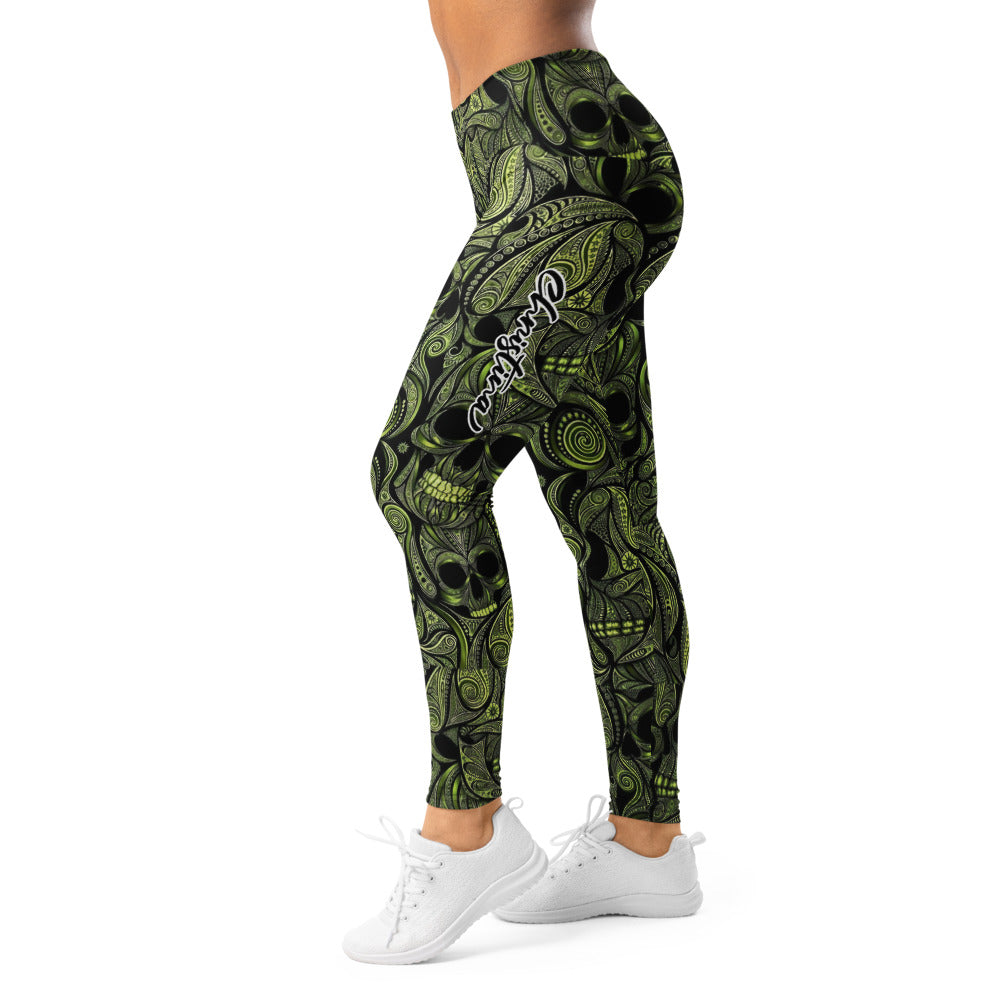 Personalisierte Damen Sportleggings Totenkopf Design Schwarz Grün Fitness Yoga Leggings D643