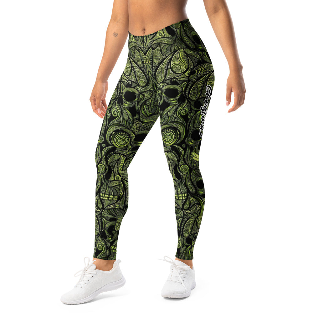Personalisierte Damen Sportleggings Totenkopf Design Schwarz Grün Fitness Yoga Leggings D643