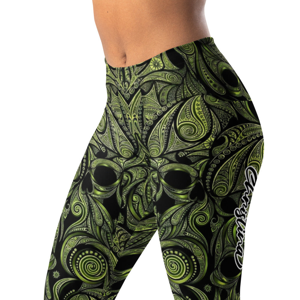 Personalisierte Damen Sportleggings Totenkopf Design Schwarz Grün Fitness Yoga Leggings D643