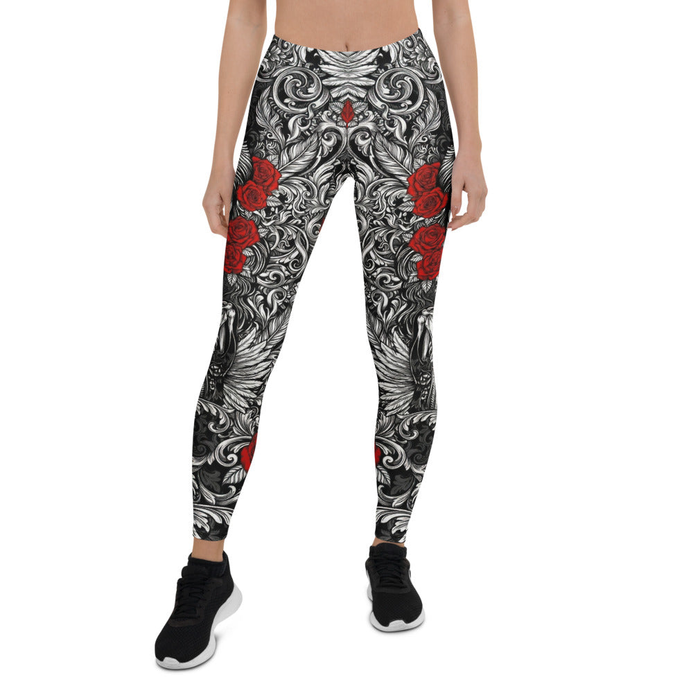 Personalisierte Damen Sportleggings Totenkopf & Rosen Barock Design Schwarz Weiß Rot Fitness Leggings G138