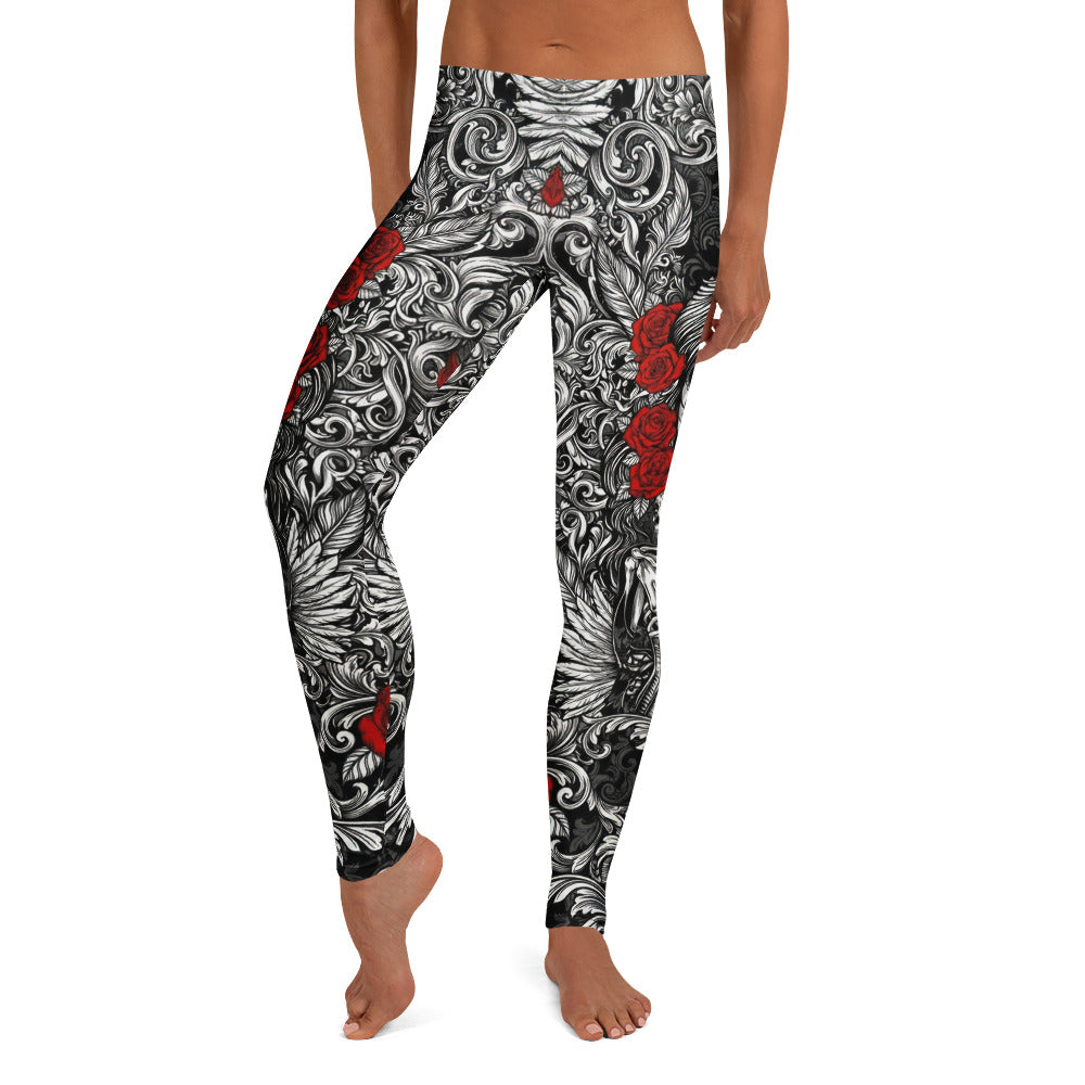 Personalisierte Damen Sportleggings Totenkopf & Rosen Barock Design Schwarz Weiß Rot Fitness Leggings G138