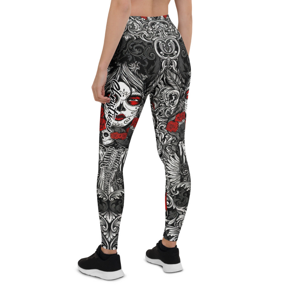 Personalisierte Damen Sportleggings Totenkopf & Rosen Barock Design Schwarz Weiß Rot Fitness Leggings G138