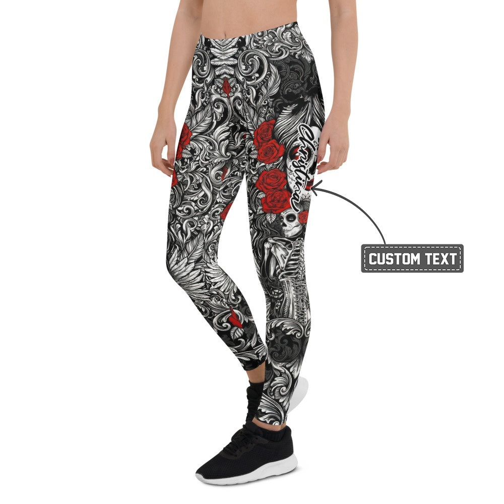 Personalisierte Damen Sportleggings Totenkopf & Rosen Barock Design Schwarz Weiß Rot Fitness Leggings G138 - XL