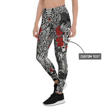 Personalisierte Damen Sportleggings Totenkopf & Rosen Barock Design Schwarz Weiß Rot Fitness Leggings G138 - XL