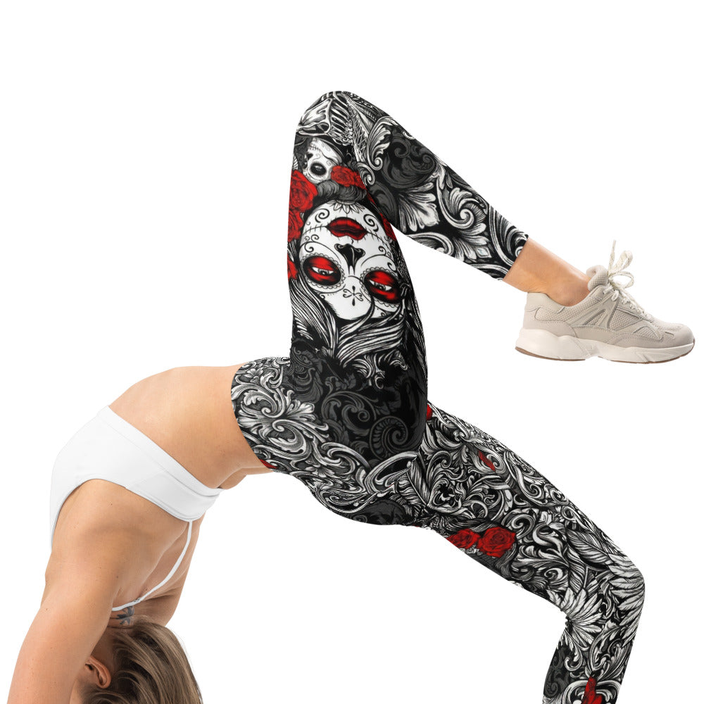 Personalisierte Damen Sportleggings Totenkopf & Rosen Barock Design Schwarz Weiß Rot Fitness Leggings G138