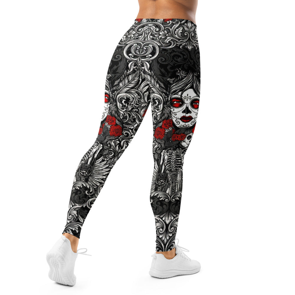 Personalisierte Damen Sportleggings Totenkopf & Rosen Barock Design Schwarz Weiß Rot Fitness Leggings G138