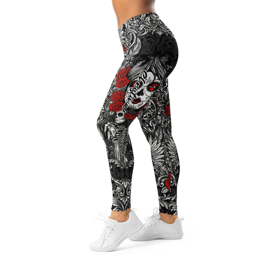 Personalisierte Damen Sportleggings Totenkopf & Rosen Barock Design Schwarz Weiß Rot Fitness Leggings G138