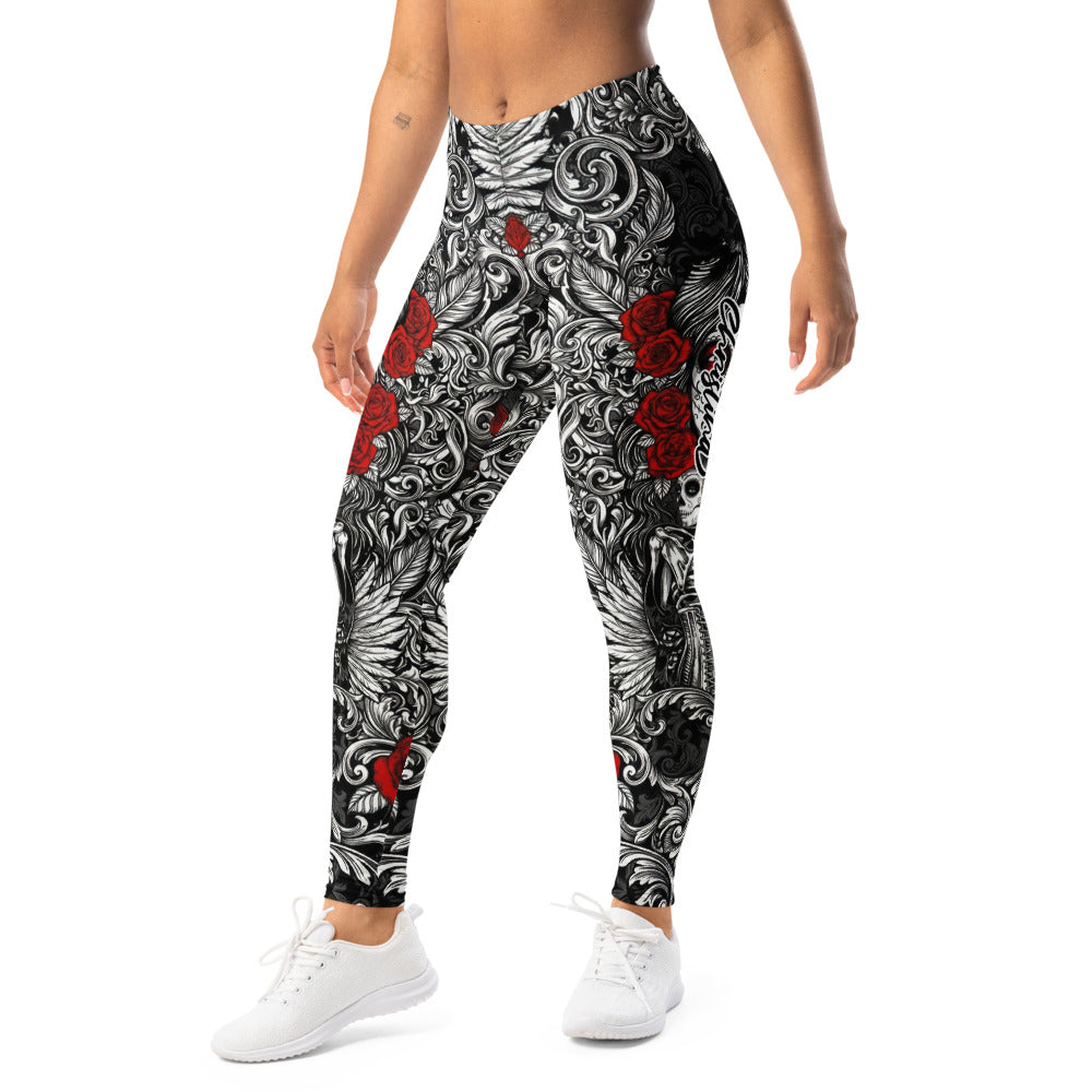 Personalisierte Damen Sportleggings Totenkopf & Rosen Barock Design Schwarz Weiß Rot Fitness Leggings G138