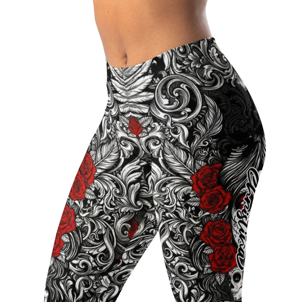 Personalisierte Damen Sportleggings Totenkopf & Rosen Barock Design Schwarz Weiß Rot Fitness Leggings G138
